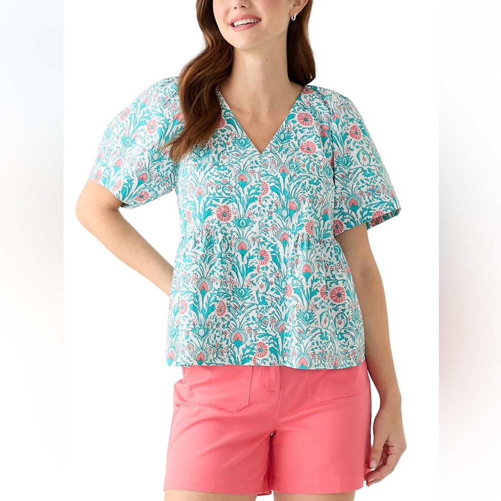 Crown & Ivy Women's 2X Floral Ruffle Cotton V-Neck Blouse Teal Coral Lightweight